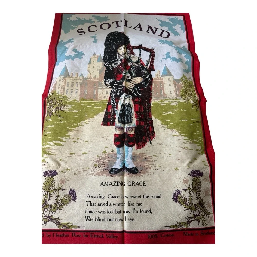 Amazing Grace Scotland Tea Towel Bagpiper Heather Ross Etrick Valley Cotton